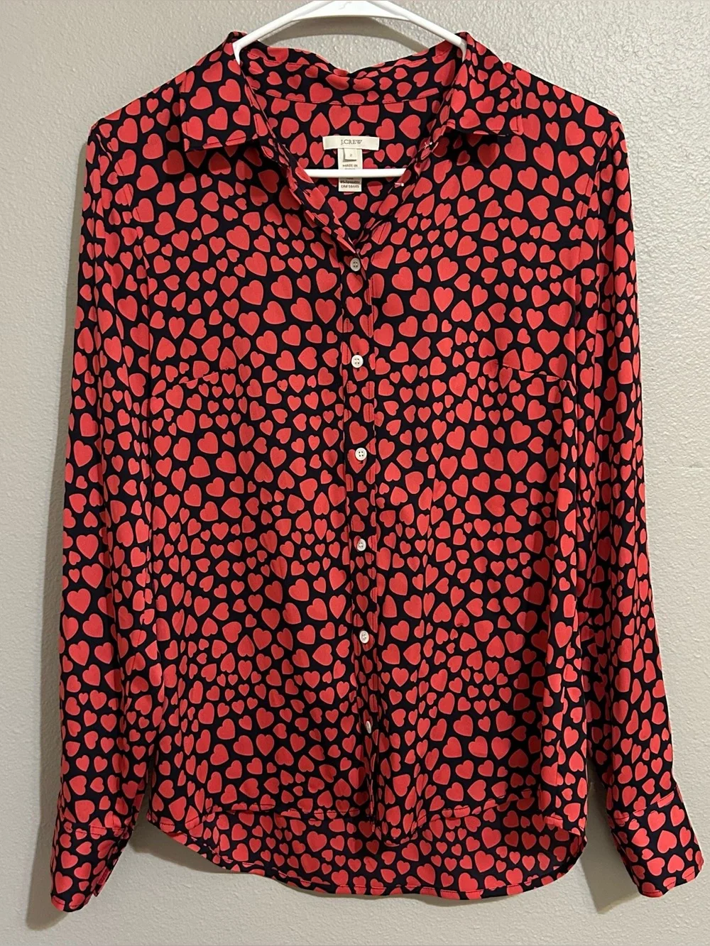 J. Crew Heart Print Silk Blend Long Sleeve Button Down Blouse Women’s Size XS 2